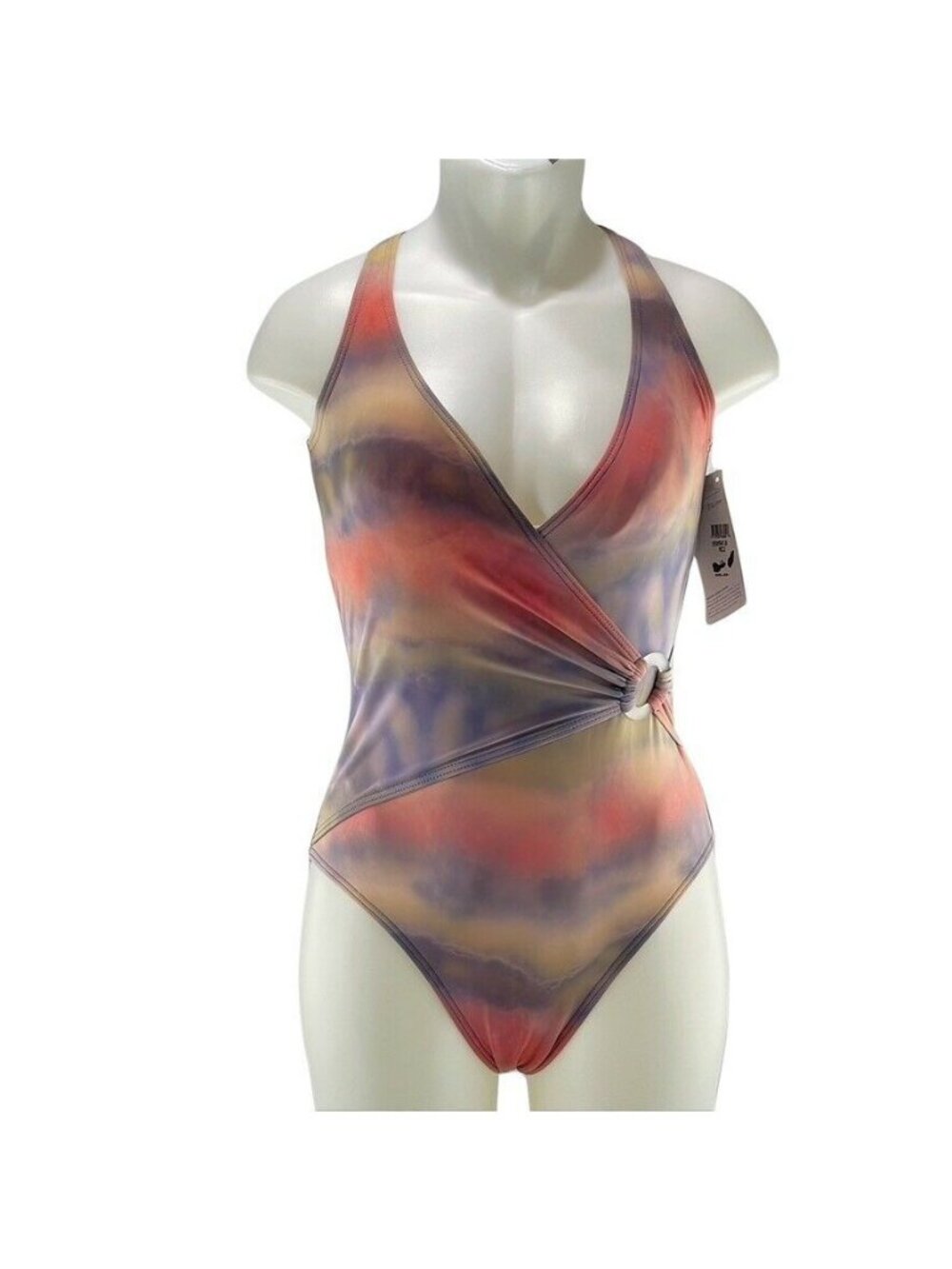 Tie-Dye One-Piece Swimsuit With Ring Detail & Deep V-Neck Multicolor Size 10 Wom
